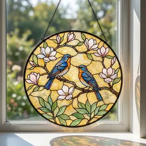 Handmade Bluebird & Blossom Suncatcher - Circular Tiffany Style Stained Glass Window Hanging Panel - Nature Inspired Gift for Mom