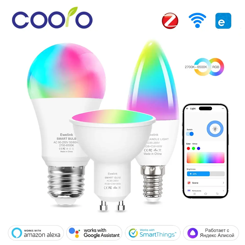 Smart Wifi Zigbee LED Light Bulb Dimmable E27 E14 GU10 RGBCW 2700-6500K LED Candle Lamp for Ewelink APP Alexa Google Home Yandex Epistar