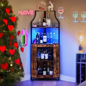 Corner Bar Cabinet with LED Light,Wine Bar Cabinet and Glass Holder 5-Tiers Storage Space Corner Liquor Cabinet Industrial Wine Cabinet for Small Space with Glass Holder and Mesh Door