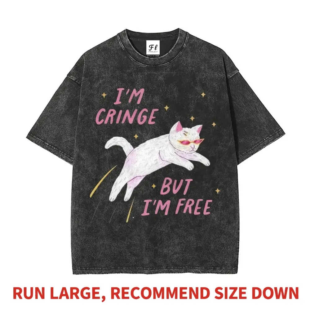 Women's Oversized Vintage Snow Wash DTG T-Shirt - Funny "I am Cringe But I am Free" Cat Meme, Premium Heavyweight Cotton, Unisex Tops, Comfortable, Shortsleeve