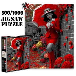 1pc 1000 piece adult puzzle 70x50cm Woman in Red Suit with Parasol and Floral Surroundings 500 pieces of paper jigsaw puzzle, suitable for adults and families, large-scale DIY puzzle interactive to Creative Puzzle