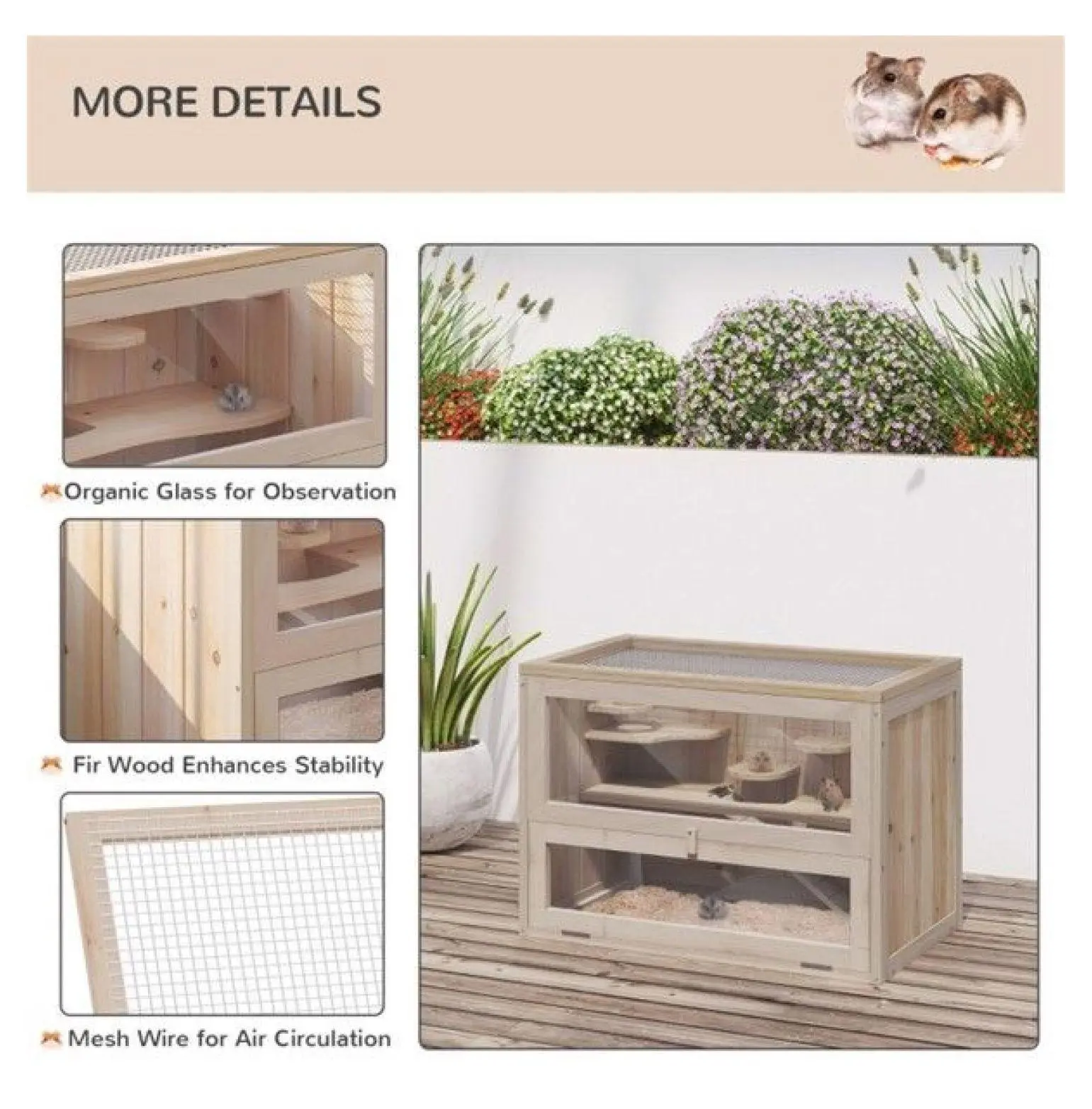 Solid Wood Hamster Cage - Fir Wood Small Animal Habitat with Ramp, Platforms - 23.5"x13.75"x16.5" Rodent Enclosure for Hamsters, Home Habitat