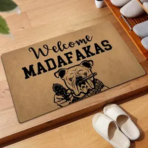 Doormat for The Front Porch Featuring a Bulldog with a Gun, Perfect for Welcoming Guests. This Personalized Kitchen Mat   And Makes a Unique Gift
