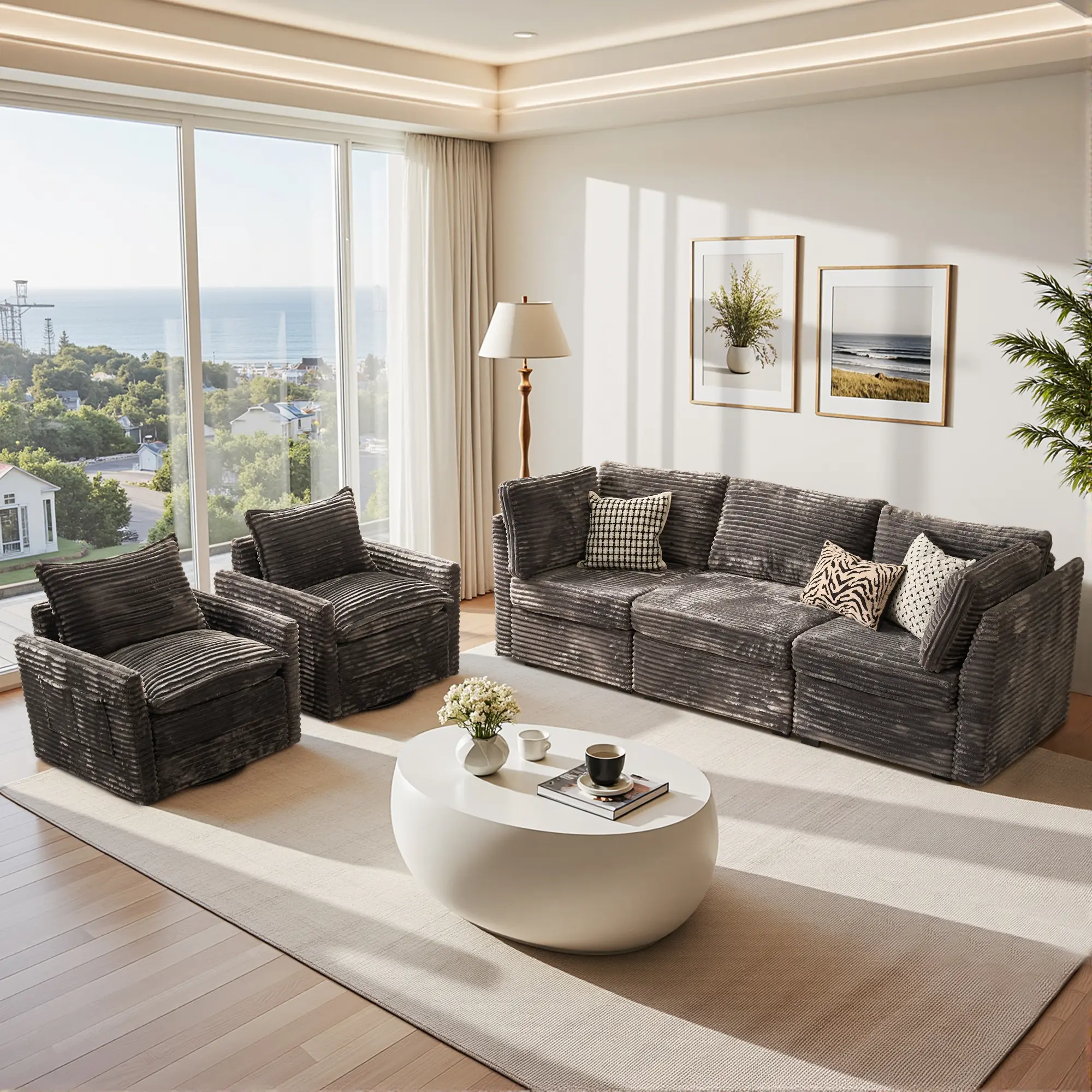 5PCS Modular Cloud Sectional Sofa With 2 Swivel Chair Couch Set,Comfy Cloud Couch 3 Seat Sectional Sofa,Deep Seat With Throw Pillows for Living Room,Easy Assembly,Free Combination