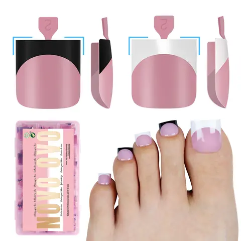 NOVO OVO Black & White Mix French Tip Toe Press-On Nails Kit Set - Sharp Square Pre-Designed Soft Gel Acrylic Extensions, Long/Medium Wide Full Cover for Clean Pedi & Swimming Pool, 15 Sizes 240 Pcs DIY Nail Accessory for Adults
