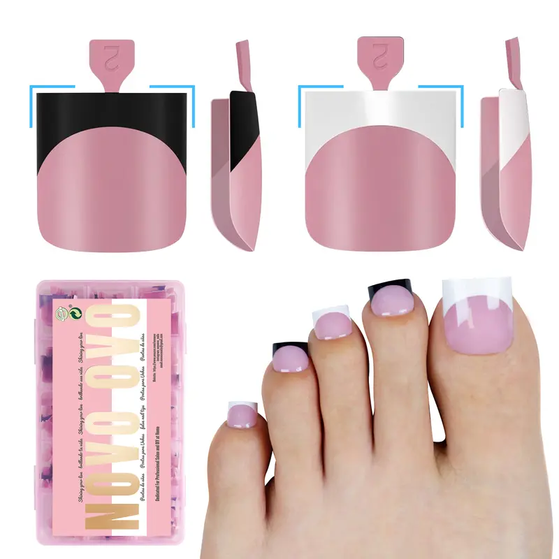 NOVO OVO Black & White Mix French Tip Toe Press-On Nails Kit Set - Sharp Square Pre-Designed Soft Gel Acrylic Extensions, Long/Medium Wide Full Cover for Clean Pedi & Swimming Pool, 15 Sizes 240 Pcs DIY Nail Accessory for Adults