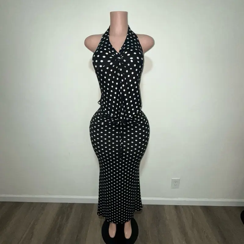 Elegant Black Polka Dot Halter top with skirt