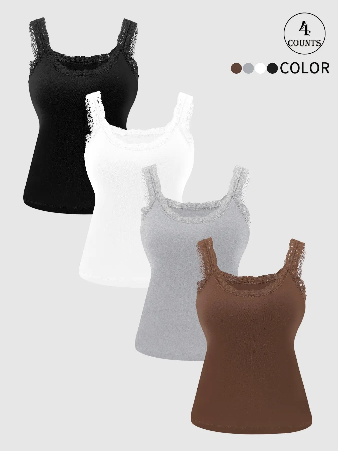 4pcs women lace trim sleeveless tank top Underwear Basic round neck high stretch soft fabric built in lining versatile for casual daily layering or wearing out