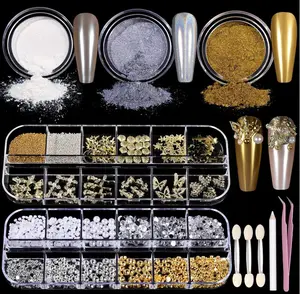 Teenitor Gold Chrome Nail Powder Kit with Nail Charms And Gems, Pearl Nail Chrome Powder for Nails, Silver Crome Powder for Gel Nails, Nail Supplies Nail Decor