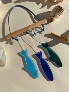 Stained Glass Sardine Wind Chime Coastal Sun Catcher, Handmade Glass Hanging Art, Ocean Blue