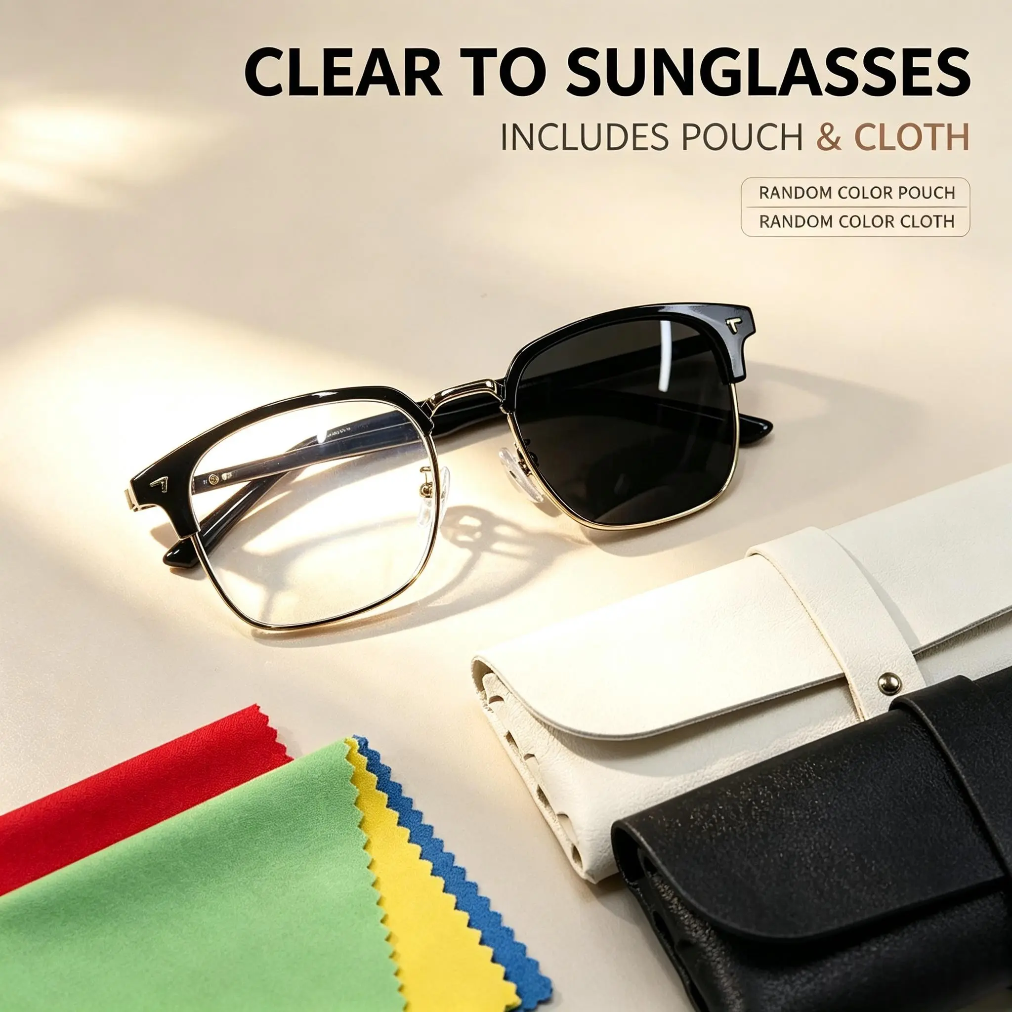 Luxury Men Photochromic Eyeglasses Classic Browline Metal Frame Gradient Lens Transition Shades, UV Protection Driving Sunglasses With Free Glasses Cloth & Leather Storage Case