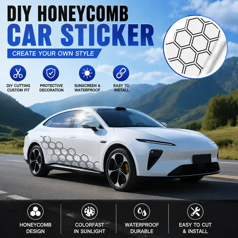 Bigger Size, Better Value! 110*45cm​ hexagonal car body stickers - DIY honeycomb-shaped side doors and skirt edge Decal stickers, Automobile Decals, Decal For Cars, easy to attach, suitable for enhancing the appearance of the vehicle Car Styling Decals