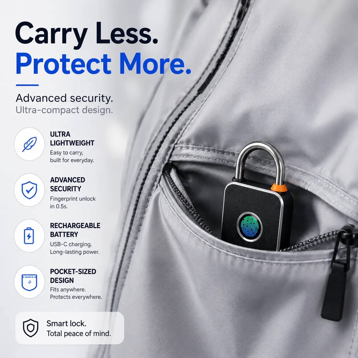 Fingerprint Smart Padlock – Keyless Biometric Lock with USB-C Rechargeable Battery for Gym Lockers, Backpacks, Luggage & Storage