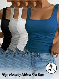 Women's High Stretch Ribbed Tank Top Set, Square Neck Slimming Basic, Casual Versatile Everyday Wear, 4 Piece Pack