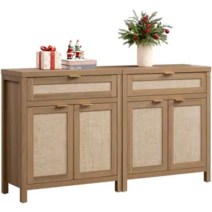 SICOTAS Buffet Cabinet Sideboard with Storage, Rattan Accent Cabinet with Doors Drawer, Boho Credenzas Farmhouse Buffet Table Console Coffee Bar Cabinet for Entryway Living Room, Large and Flexible Storage, Durable and Stable