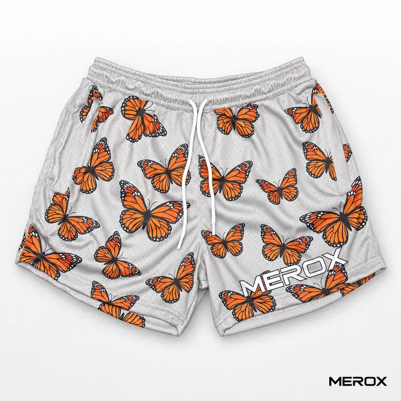 MEROX Unisex Breathable Mesh Sports Shorts - Butterfly Print, 5" Inseam, Adjustable Waist, Zip Pockets, Stretchy for Gym, Running, Hiking, Summer Athletic Shorts, S