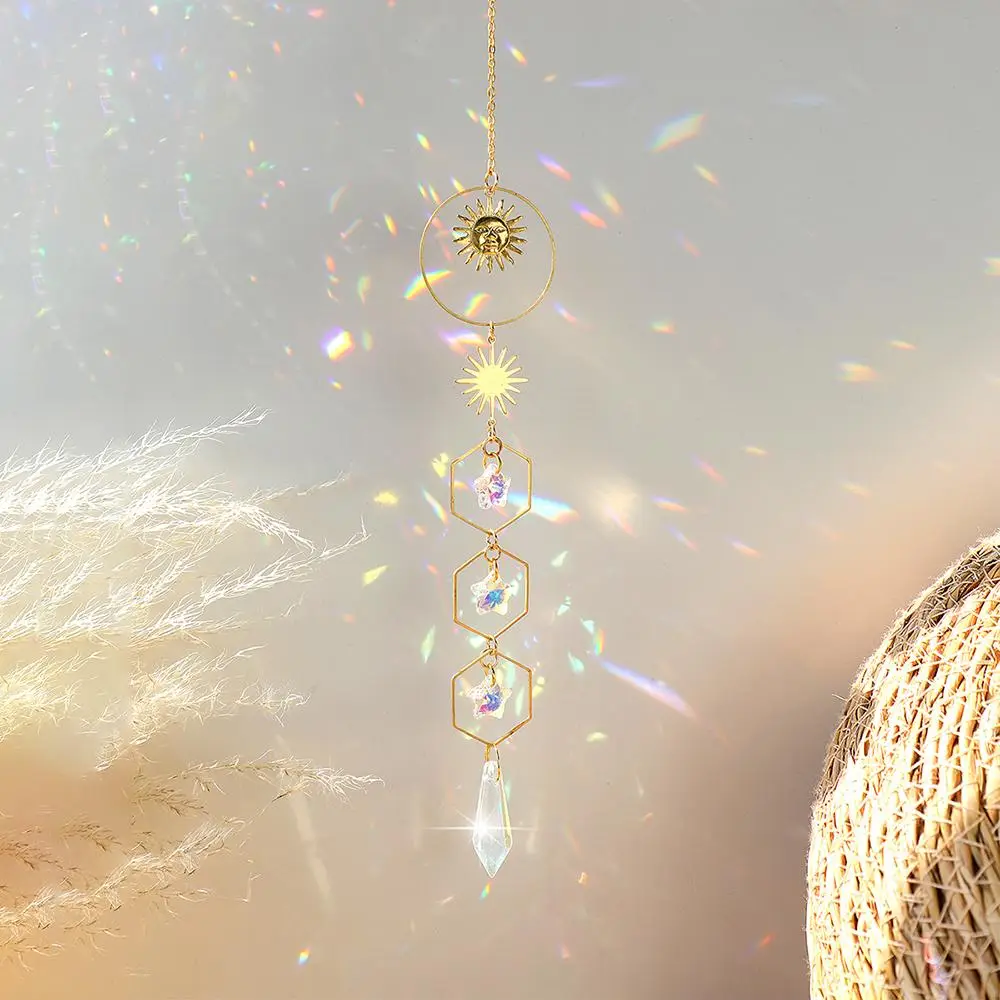 Sun & Star Design Suncatcher Wall Art for Room Decor, 1 Count Ramadan Mubarak Hanging Sun Catcher Room Accessories, Faux Crystal Hangable Ornament for