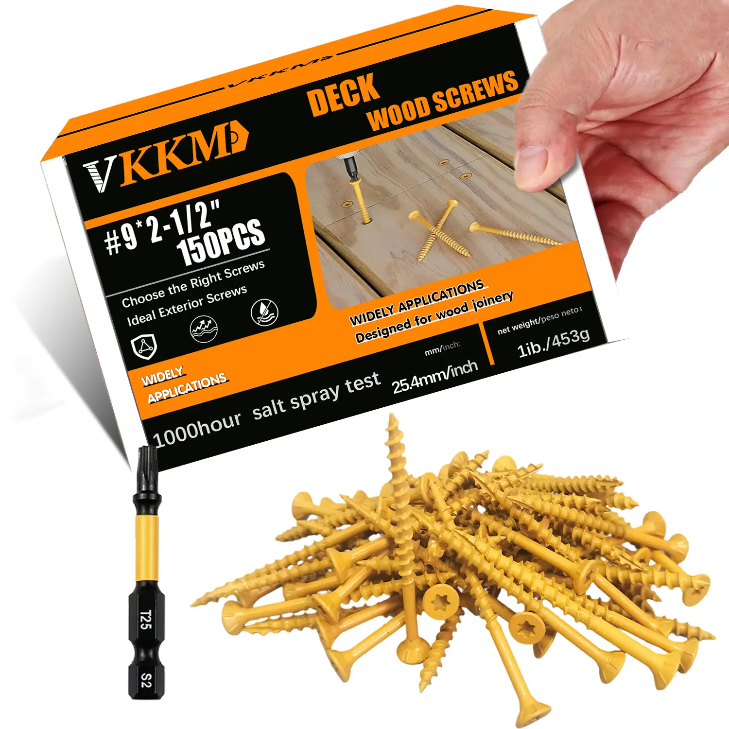 VKKM 150PCS #9 x 2-1/2 inch Bronze Epoxy Coated T25 Torx Deck Wood Screws, Coarse Thread Self-Tapping Fasteners with T25 Driver Fit, 1000-Hour Salt Spray Test Anti-Rust for Decking, Outdoor Furniture