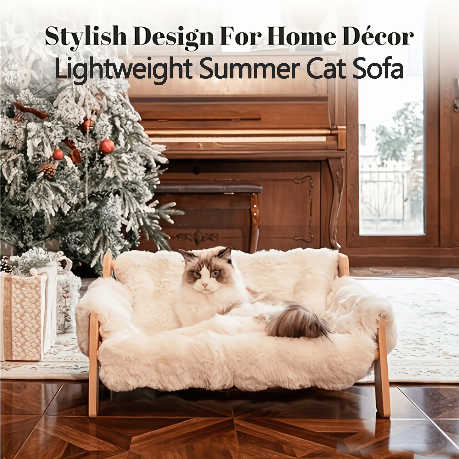 Elevated Pet Sofa Bed, Solid Wood Pet Lounge Chair, Suitable for Cats And Dogs, Dog Sofa Bed, Cat Sofa, Modern Pet Furniture, Sturdy Construction, Small Pet Home Goods Gray White Replacement Mattre Bamboo Mat Style