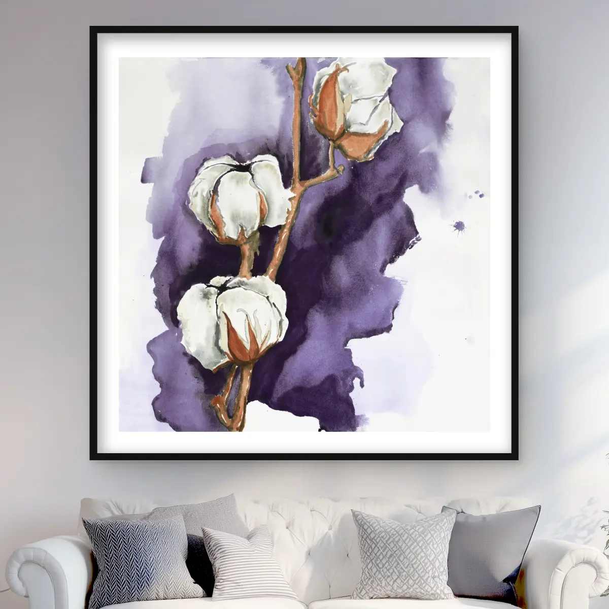 Begin Home Decor C1FM4848AOF2LL 48 x 48 in. Cotton Flowers On Purple Background Wall Art - Framed Office Decor