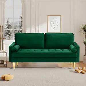 【HolidayHaul】66" Modern Velvet Loveseat Sofa - Mid-Century Tufted 2-Seater Couch with Golden Legs & Pillows, Aesthetic Lounge Furniture for Compact Space, Living Room & Apartment Interior (Green)