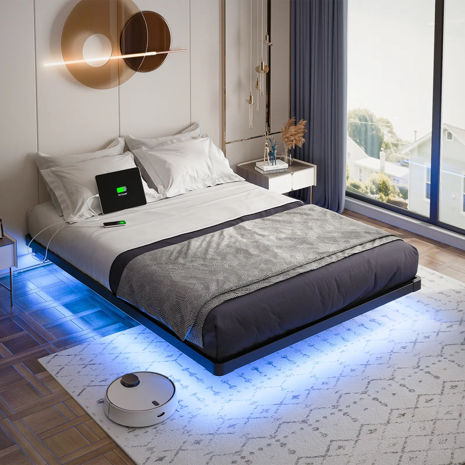 DAYAGO Modern Minimalist Metal Platform Bed Frame - LED Lighting, Charging Station, Noise-Free Base, No Box Spring Needed, Easy Set-Up Indoor Furniture (Full, Queen, King Sizes), Modern Bed Frame, Minimalist Platform Bed