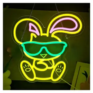 Sign Illuminated Wearing Sunglasses Bunny Neon Sign USB Powered Dimmable Cute Rabbit Light For Art Party Animal Kindergarten Room Decor 32cmx34cm