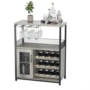 Vintage Industrial Wine Bar Cabinet with Adjustable Racks, Glass Holders & Mesh Doors. Compact Sideboard for Living Room, Kitchen, or Dining Room. Easy Assembly,Grey