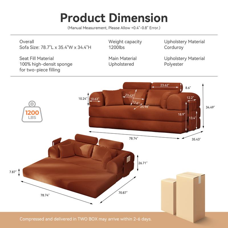 5-in-1 Reinforced Folding Sofa Bed | 79" Steel Support Frame with High-Resilience Memory Foam | Sturdy & No Tools Needed for Family Living Room