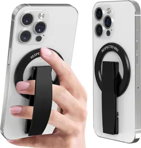 For iPhone and Android – Magnetic Phone Grip Stand with Ring Holder Kickstand, Silicone Strap, MagSafe Compatible (Black)