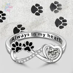 Women's Pet Memorial Ring, Silver Tone Paw Print Ring with Infinity Band & Heart Cut Stone, Sentimental Jewelry for Dog & Cat Owners