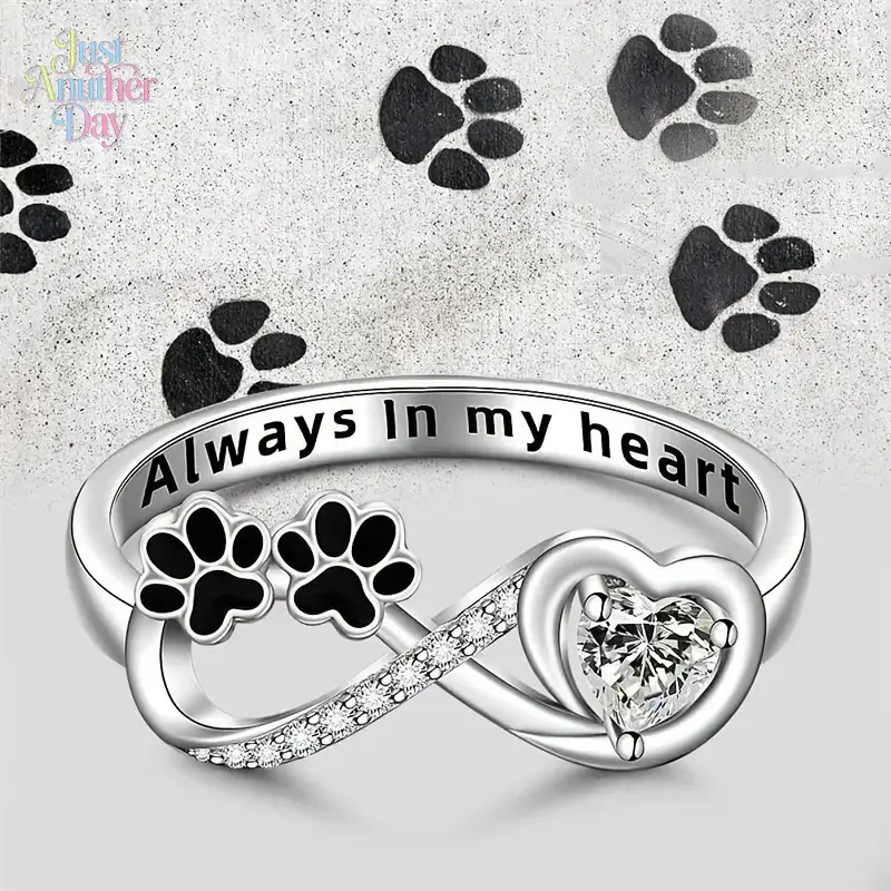 Women's Pet Memorial Ring, Silver Tone Paw Print Ring with Infinity Band & Heart Cut Stone, Sentimental Jewelry for Dog & Cat Owners