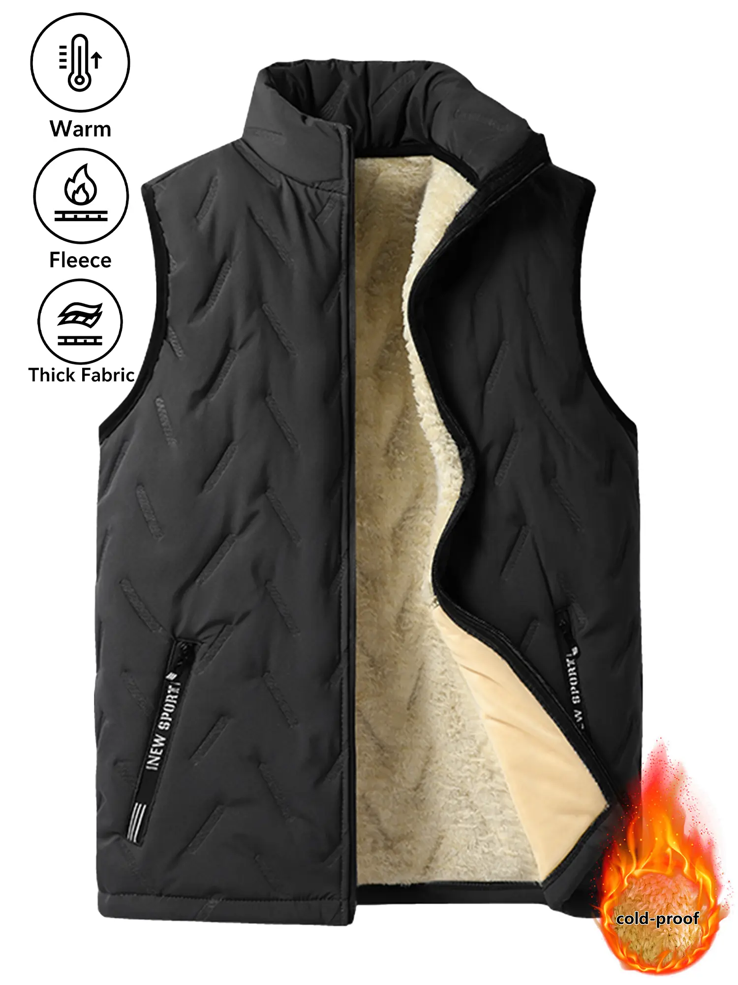 Men's Round Neck Sleeveless Fleece-Lined Polyester Gilet - Pull On, Autumn Winter Warm, Plain, Regular Fit, Zippered, Easy-Care Casual Outdoor Waistcoat (Medium Beige, Black), Durable And Easy To Care For, Warmth, Clothes, Light Waistcoats & Gilets, Easy