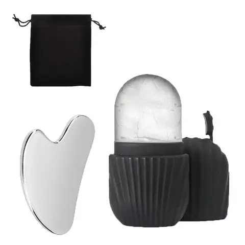 Facial Cleansing Tool Set, 3 Pcs/Set Including Stainless Steel Heart-Shaped Scraping Tool, Ice Roller and Flannel Bag, Skin Care Tools for Women, Facial Beauty Instrument