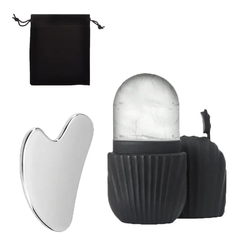 Facial Cleansing Tool Set, 3 Pcs/Set Including Stainless Steel Heart-Shaped Scraping Tool, Ice Roller and Flannel Bag, Skin Care Tools for Women, Facial Beauty Instrument