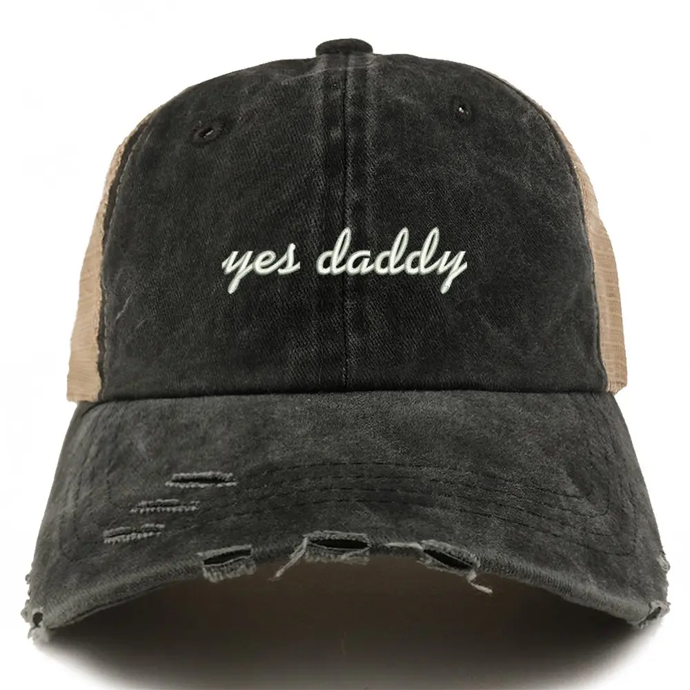 Trendy Apparel Shop Yes Daddy Embroidered Frayed Bill Trucker Mesh Back Cap