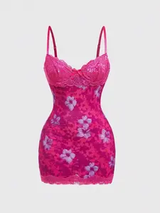 LUNIS Amplova Lace Cup Detail Tropical Floral Mesh Bodycon Mini Dress Pink Floral Dress