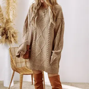 Parchment Cable Knit Drop Shoulder Loose Fit Sweater Dress - 100% Polyester Casual & Comfortable for Everyday Wear
