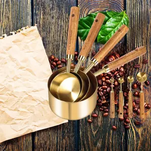 Set of 8 Gold Measuring Cups and Spoons, Wood Handle with Metric and US Measurements, Premium Stainless Steel, Golden Polished Finish, Dry & Liquid Measuring Cup for Cooking and Baking