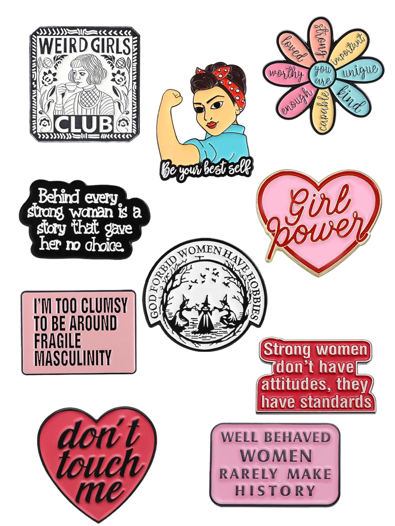 Women's Feminist Quote Brooch Set, Empowering Pins with Safety Clasp, Hearts, Inspirational Gift for Women & Girls, Backpack Jacket Decoration, Alloy Brooch Pin, Flower Brooch Pin, Letter Brooch Pin, Brooch Clip