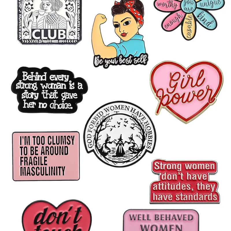 Women's Feminist Quote Brooch Set, Empowering Pins with Safety Clasp, Hearts, Inspirational Gift for Women & Girls, Backpack Jacket Decoration, Alloy Brooch Pin, Flower Brooch Pin, Letter Brooch Pin, Brooch Clip