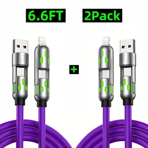 [Buy 1 Get 1 Free] 4-in-1 Multi USB Charging Cable 6.6ft – 65W Fast Charging & Data Sync with USB A/Type C/Lightning Ports, LED Breathing Light Universal Charger for iPhone 16/15, iPad Pro, Samsung, All Smart Devices
