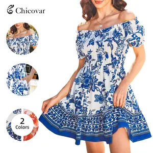 Chicovar Women's Summer Floral Print Mini Dress with Pockets, Off Shoulder & Square Neck Ruffle Short Sleeve Smocked Waist A-Line Dress, Beach Dress for Beach Vacation, Easter & Date Night