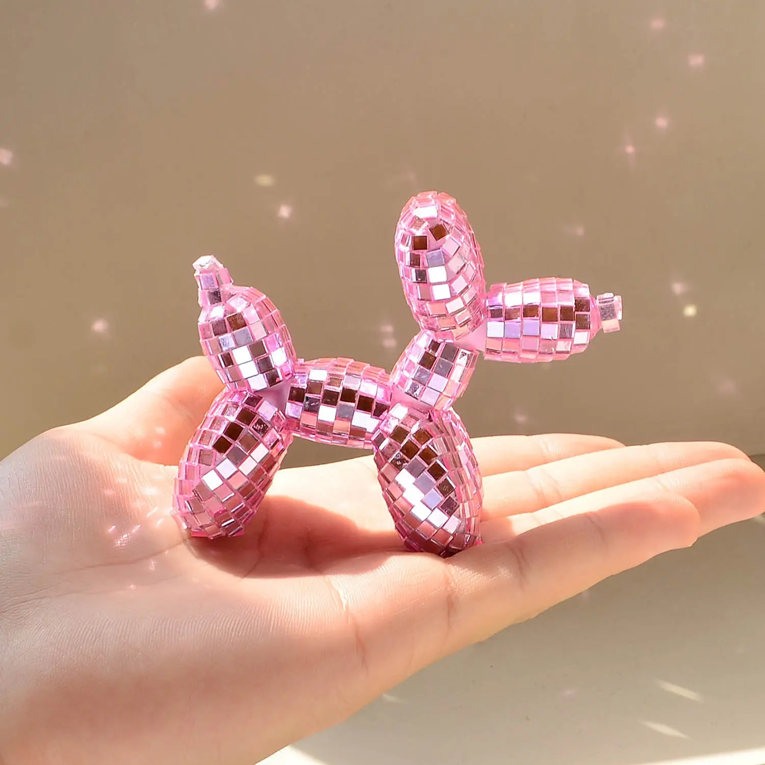 1PC Pink/Silver Disco Ball Balloon Dog Figurine - Mini Glitter Mirror Mosaic Sculpture for Room Decor Statue, Y2K Aesthetic Desk Accessory, Desktop Art Ornament, Desktop Decoration Ornament, Cute Gift, Decorative Piece, Ornaments