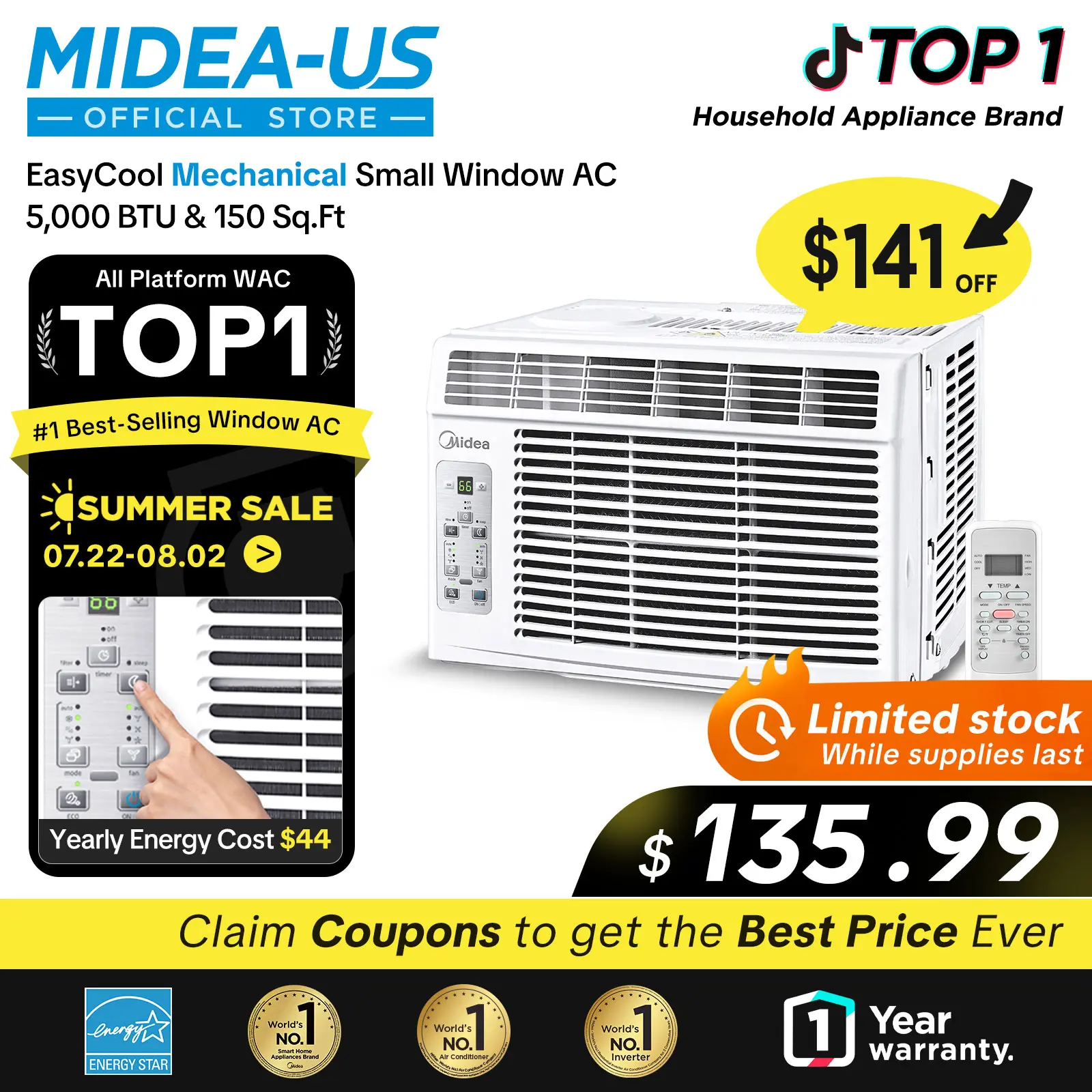 Midea 5,000 BTU Digital Window Air Conditioner, Cools up to 150 Sq. Ft. AC with Easy-to-Use Reusable Filter, Remote, Perfect AC for Bedroom, Living Room, Home Office, Electronic Control