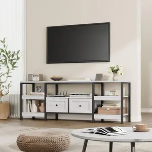 71/79" Rustic Industrial TV Stand for TVs Up to 75 Inch, Media Console with 2 Drawers & Open Storage Shelves, Sturdy Metal Frame Entertainment Center for Living Room, Brown