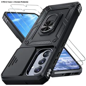 3 PCS [1 Phone Case with 2X Clear Screen Protectors] Phone Case for Samsung for Galaxy A57 A37 A55 A56 A36 A35 5G A17 A07 A06 A25 A53 A05S A15 A16 A Series, with Camera Cover & Kickstand Ring, [Slide Camera Cover]