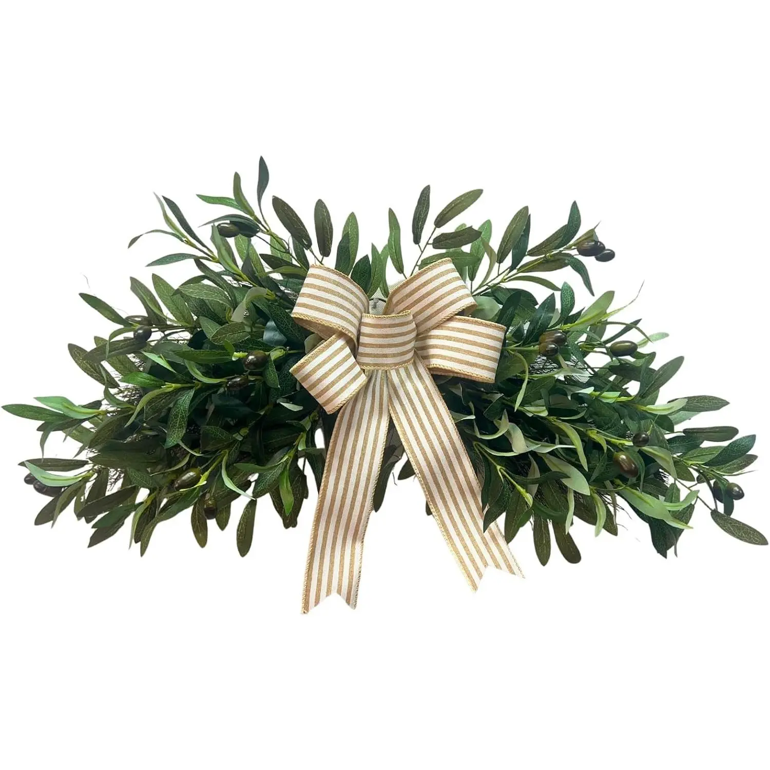 Pre-lit Artificial Olive Branch Swag with Striped Bow 20 LED Teardrop Wreath for Front Door with Timer Farmhouse Greenery Wall Decor Battery Operated Batteries Not Included