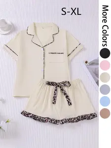 Women's Solid Color Pocket Button Front Cardigan & Leopard Print Bow Shorts Pajama Two-piece Set, Casual Comfy Short Sleeve Top & Elastic Waist Shorts PJ Set, Leopard Print Pajamas, Ladies Summer Sleepwear, Loungewear, Costumes