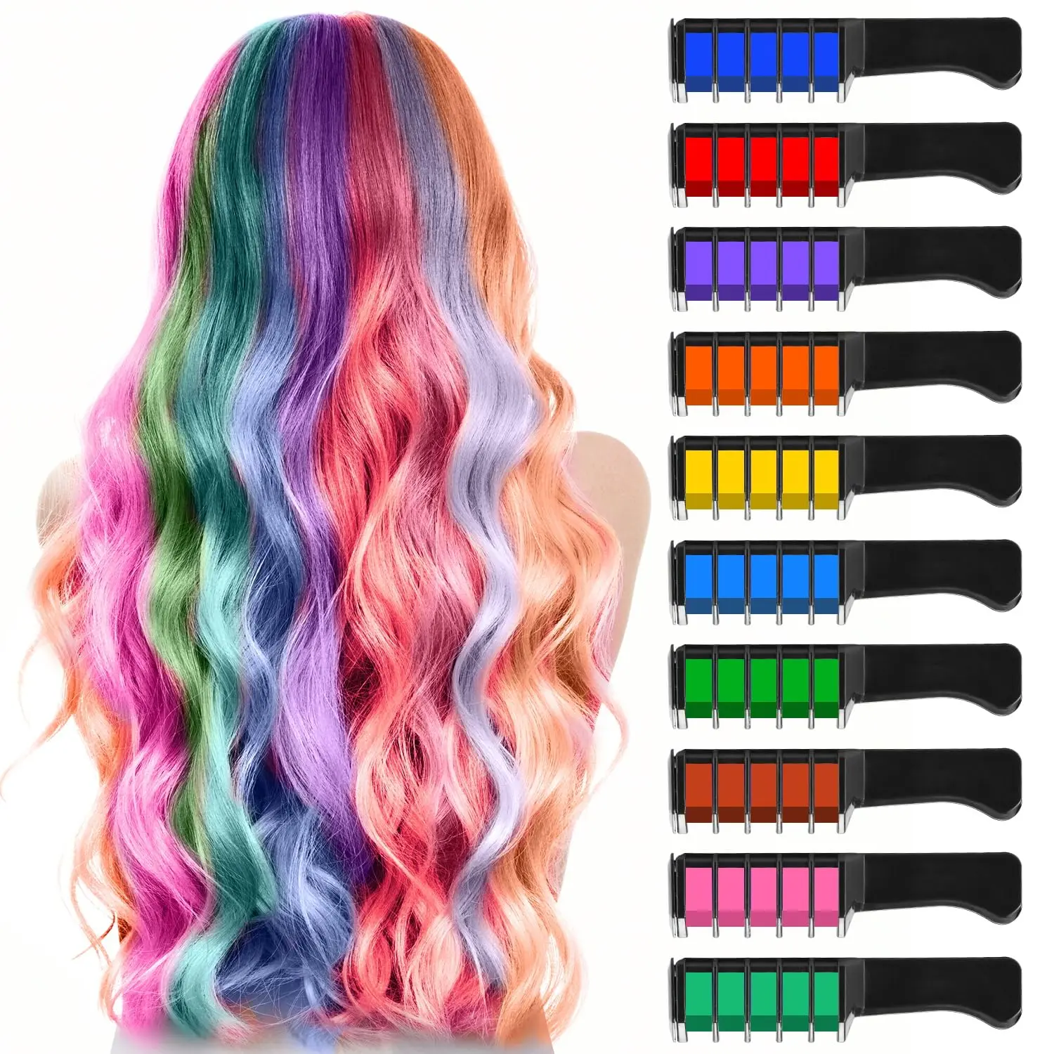 10-Color Hair Chalk Comb Set| Vibrant Temporary Hair Dye for Parties/Cosplay Safe Washable Highlight Powder Pencil Easy DIY Hair Color Kit for Kids/Teens/Adults| Quick Styling for Halloween, Wedding, TikTok Trends Haircare Daily Glossy